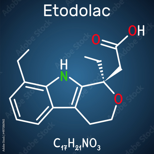 Etodolac molecule. It is nonsteroidal anti-inflammatory drug NSAID with analgesic and antipyretic properties. Structural chemical formula on the dark blue background