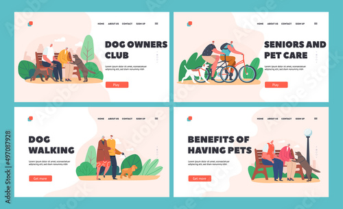 Elderly Couples Walk with Dog in Park Landing Page Template Set. Aged Characters Relaxed Promenade, Sitting on Bench