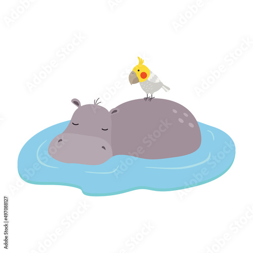 Cute hippo and parrot in the water. Vector illustration