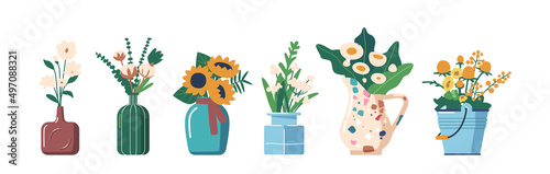 Set of Icons Beautiful Blossoms, Flower Bouquets Isolated on White Background. Chamomile, Cotton and Sunflower in Vases