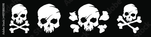 Set of white skull with crossed bones icon illustration. Comic style. T-shirt print for Horror or Halloween. Hand drawing illustration isolated on black background. Vector EPS 10.