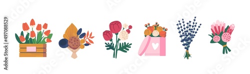 Set of Icons Beautiful Flower Bouquets, Blossom Presents and Gifts, Florist Design in Vases and Decorative Compositions