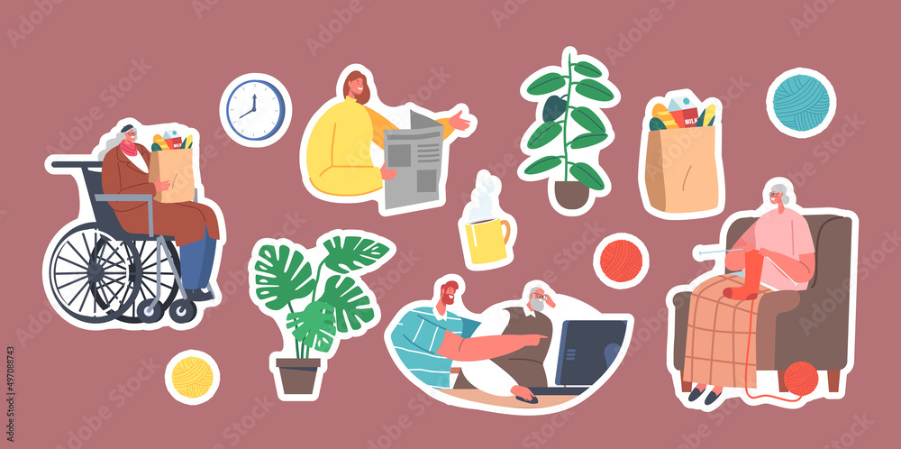 Set of Stickers Volunteers Help Senior Male or Female Characters. Granny Knitting Socks, Lady with Grocery on Wheelchair Set of Stickers Volunteers Help Senior Male or Female Characters. Granny Knitting Socks, Lady with Grocery on Wheelchair