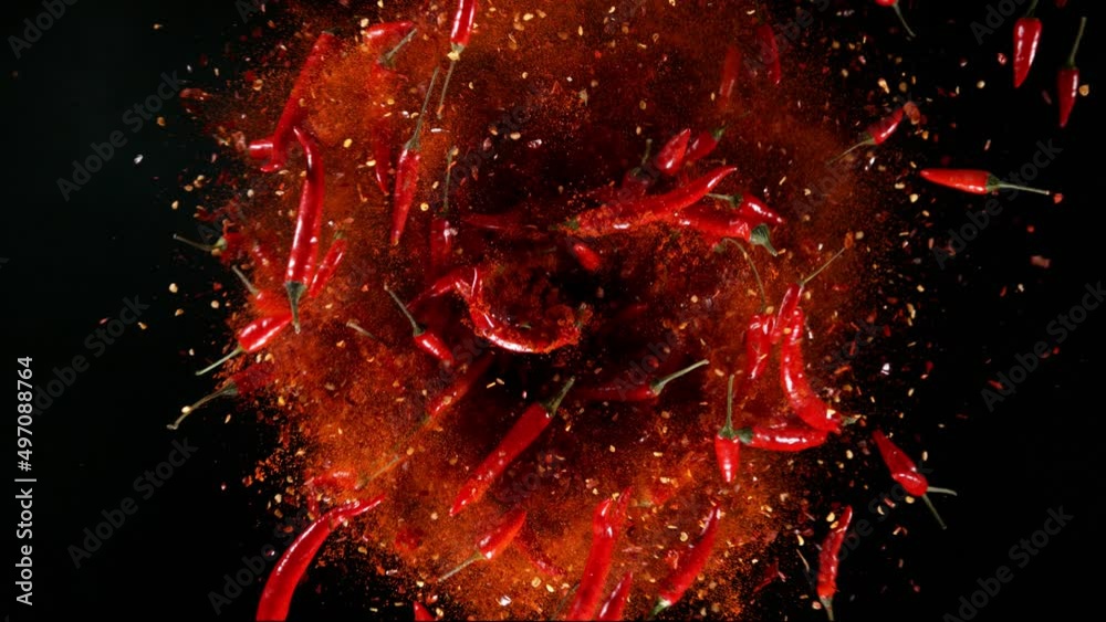 Super slow motion of rotating chilli peppers isolated on black. Overhead view, filmed on high speed cinema camera, 1000 fps. Ultimate perspective and concept of flying food.