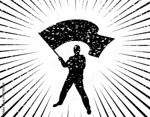 Man holds flag. Demonstration, strike and revolution concept. Political protest and the fight for human rights. Man is waving flag. Grunge style. Isolated. Vector illustration