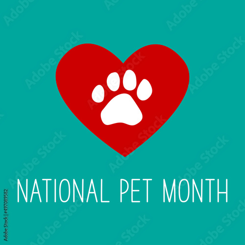 National Pet Month vector concept. Pet paw print and heart on a turquoise background.