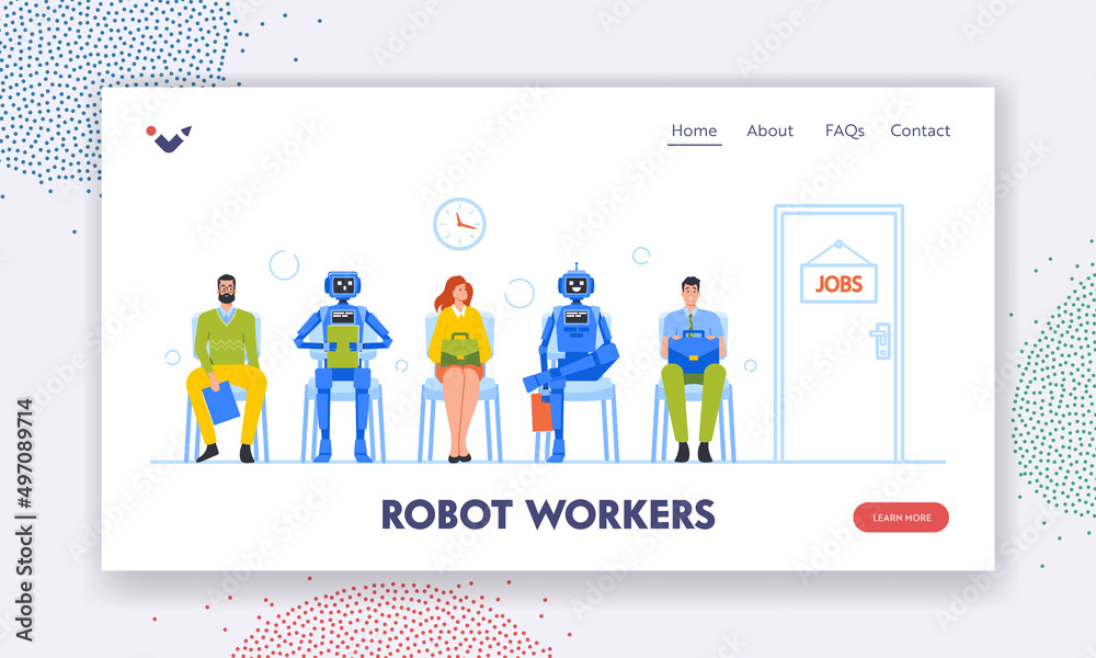Robots Workers Landing Page Template. Human and Droids Waiting in Lobby Sit on Chairs. Characters Hiring at Company