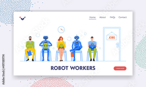 Robots Workers Landing Page Template. Human and Droids Waiting in Lobby Sit on Chairs. Characters Hiring at Company