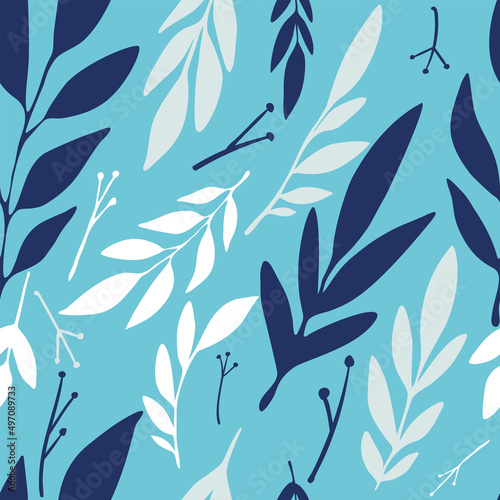 Seamless pattern with tropical herbs branches and leaves background cute spring vintage colorful blue pattern textile for summer vacation. 