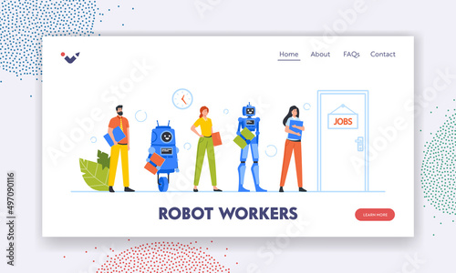 Cyborg VS People Workers Landing Page Template. Robots and Human Applicants Characters Stand in Queue Waiting Interview