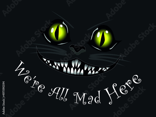 Cheshire cat smile vector illustration with quote on dark background
