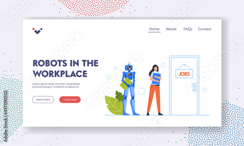 Robots in the Workplace Landing Page Template. Hr, Robotization, Cyborg VS Human Concept. Hiring Interview in Office