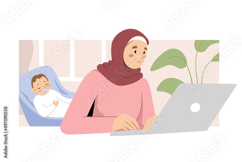 Muslim mother freelancer working at home office using laptop while her baby is sleeping, small business or remote freelance job concept, parenting and career concepts, vector cartoon illustration