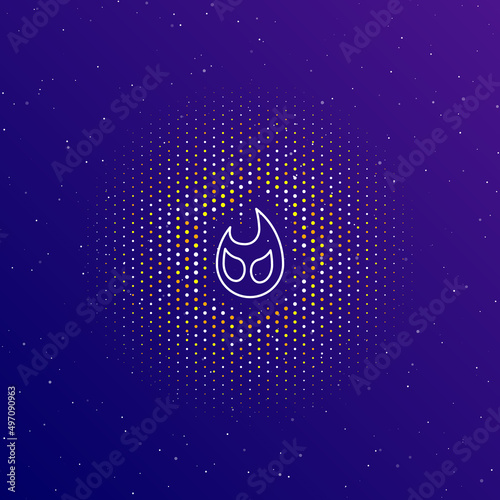 A large white contour fire symbol in the center, surrounded by small dots. Dots of different colors in the shape of a ball. Vector illustration on dark blue gradient background with stars