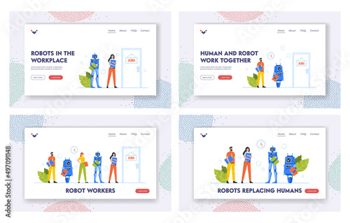 Cyborg VS People Workers Landing Page Template Set. Robots and Human Stand in Queue Waiting Interview in Office Lobby