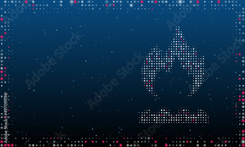 On the right is the gas symbol filled with white dots. Pointillism style. Abstract futuristic frame of dots and circles. Some dots is pink. Vector illustration on blue background with stars