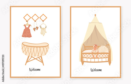 set of invitation cards for children with a crib and a hanger, in the boho style. Welcome. Vector illustration.