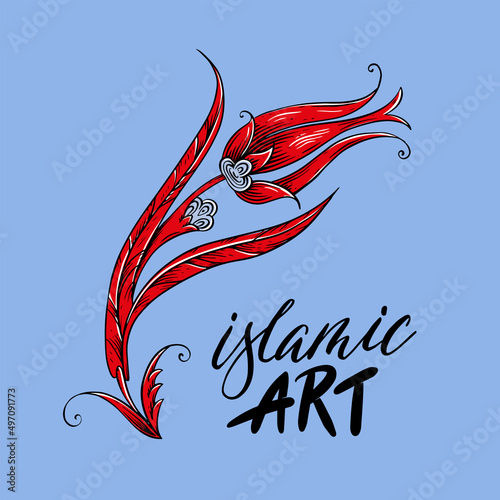 Beautiful vector postcard with Islamic art. Turkish ornament and lettering. national Ottoman tulip
 photo