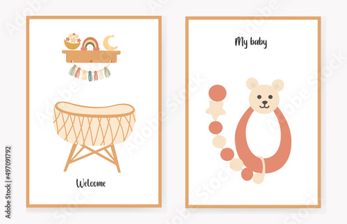 a set of invitation cards for children with a crib and a shelf with toys, and a baby rattle rodent for teeth. sweet baby. welcome. Vector illustration.
