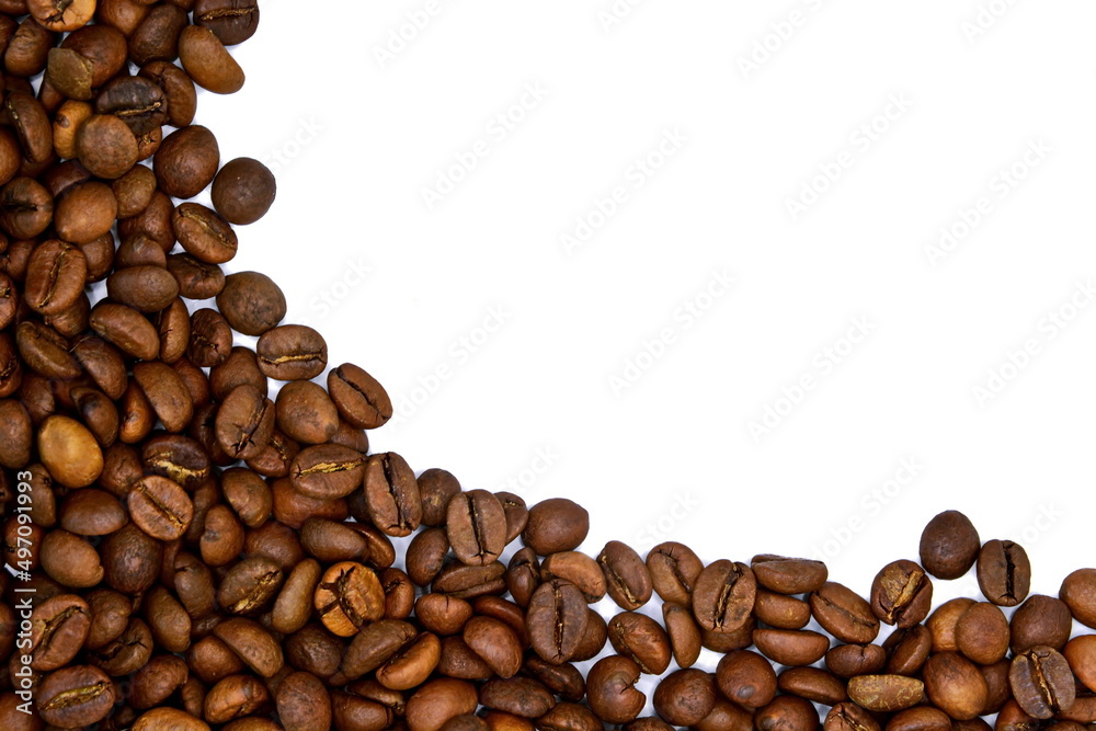 Fototapeta premium top view of handful of brown natural roasted coffee beans scattered like frame in shape of corner isolated on white background with copy space