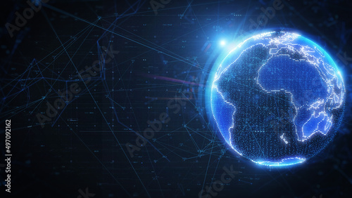 Abstract Digital 3D Rendering Blue Earth Spinning Concept with Connection Data Stream Line Network Simulation Illustration Background. Futuristic Scientific Global Communication Infographic.