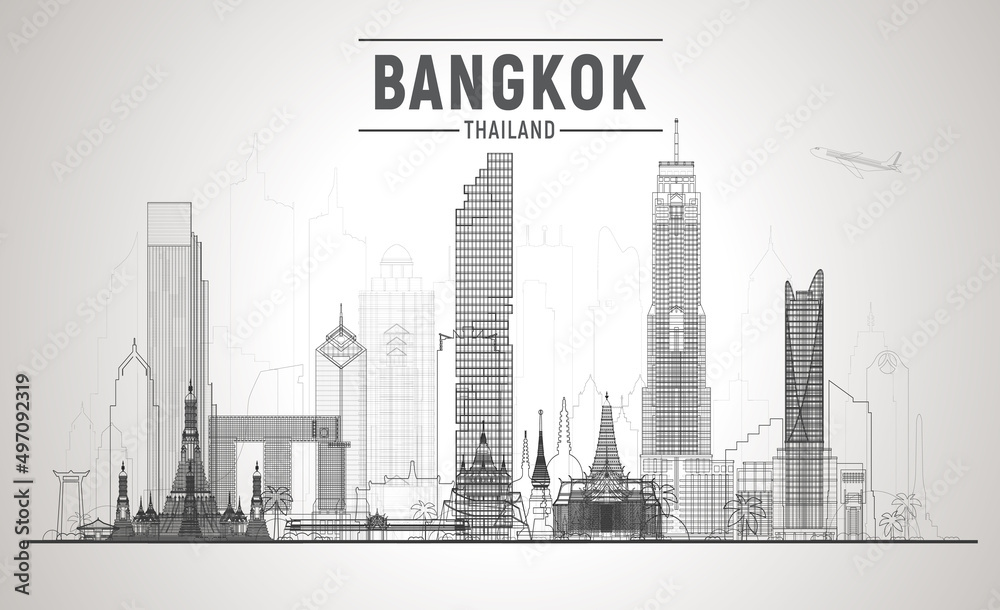 Obraz premium Bangkok skyline. Vector illustration. line City landscape on a background.