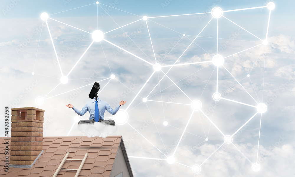 Concept of security and privacy protection with camera headed man meditating Concept of security and privacy protection with camera headed man meditating