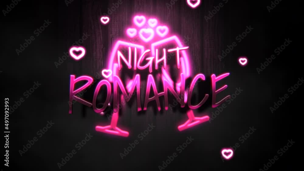Night Romance with fly neon hearts and wine glasses on wood, motion holidays, romantic and love style background Night Romance with fly neon hearts and wine glasses on wood, motion holidays, romantic and love style background