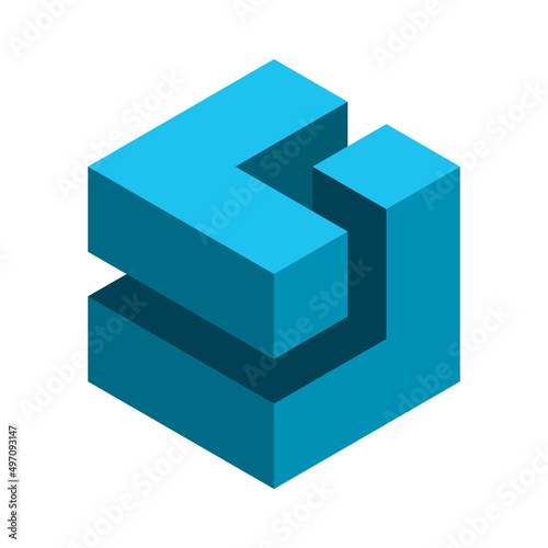 Abstract blue 3D cube. L and L letter logo. Solution concept. Construction, architecture element. Two bricks forming cube. Block puzzle pieces fit together. Vector illustration, isometric, clip art. 