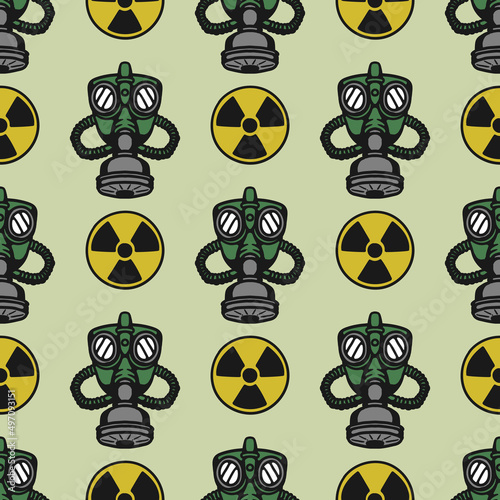 seamless pattern gas mask and radioactive symbol.