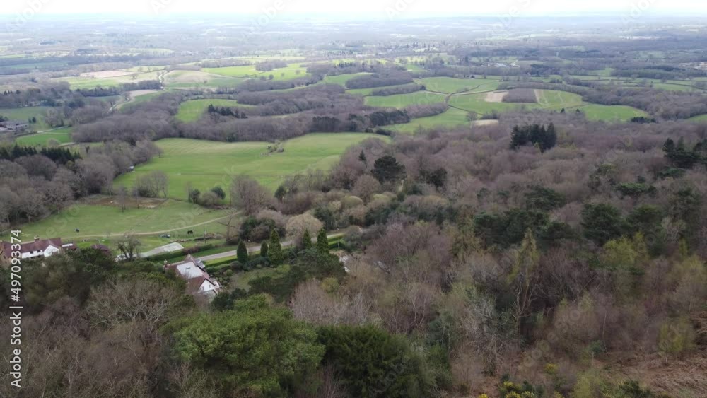 Leith Hill and Tower Surrey Hills view point across south England drone aerial reveal Leith Hill and Tower Surrey Hills view point across south England drone aerial reveal