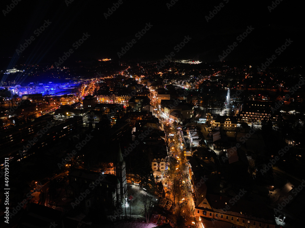 Aerial night view of the city of Zakopane in Poland Aerial night view of the city of Zakopane in Poland