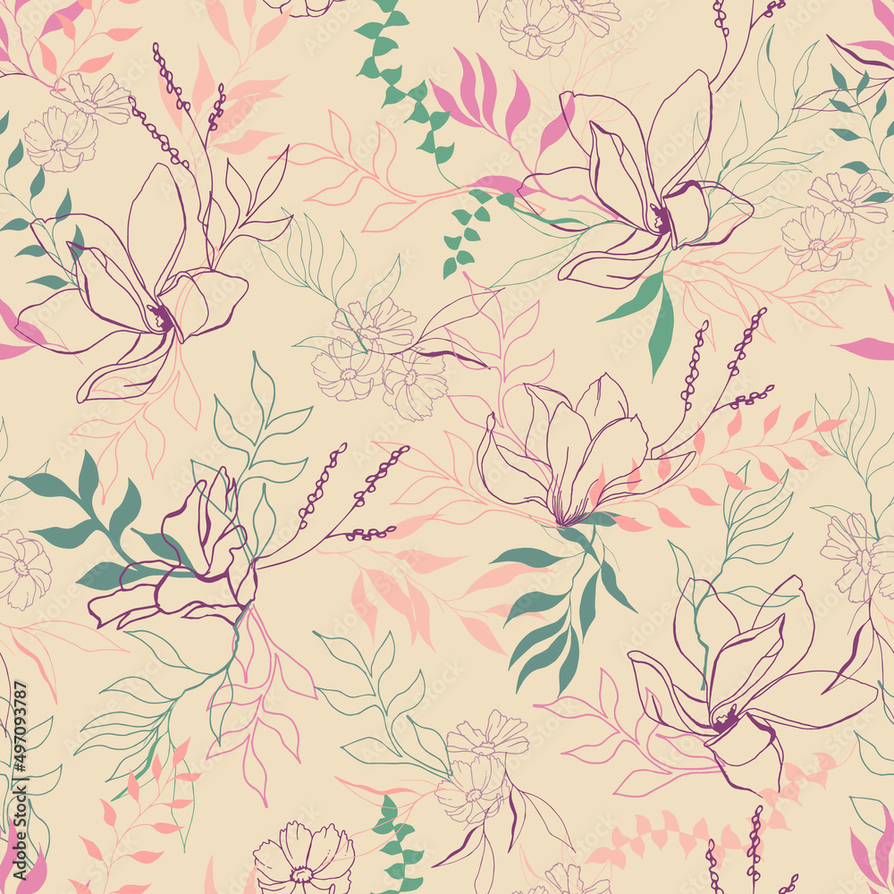 Spring seamless pattern with contour flowers on a beige background. vintage texture for dress fabric, bed linen and home textile. Spring seamless pattern with contour flowers on a beige background. vintage texture for dress fabric, bed linen and home textile.