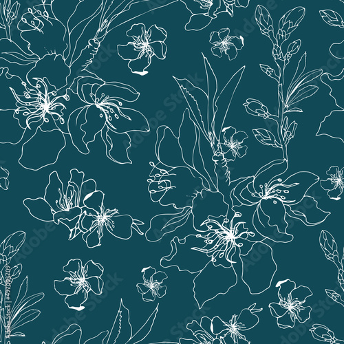 White contour flowers on a blue background. Seamless vector floral pattern for fabric and paper for decoration