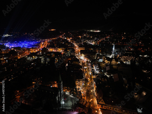 Aerial night view of the city of Zakopane in Poland