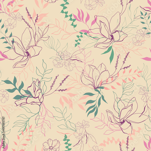 Spring seamless pattern with contour flowers on a beige background. vintage texture for dress fabric, bed linen and home textile.
