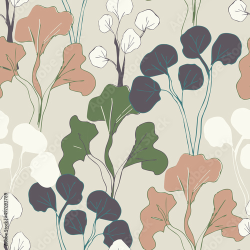 Seamless autumn pattern with stylized trees on a gray background. Textile print for fabric and paper for decoration
