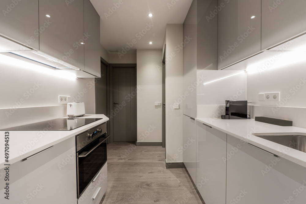 Kitchen with gray and white glossy wooden furniture on two opposite walls and gray wooden flooring. Kitchen with gray and white glossy wooden furniture on two opposite walls and gray wooden flooring.