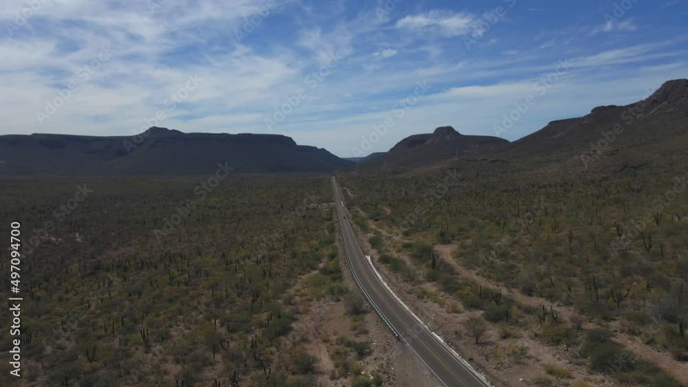 Desert Road across Arid Mountain Terrain with Bush and Cactus. Aerial View Desert Road across Arid Mountain Terrain with Bush and Cactus. Aerial View