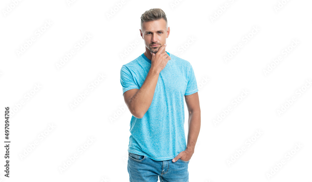 Serious caucasian middleaged guy stroking chin in casual style isolated on white Serious caucasian middleaged guy stroking chin in casual style isolated on white