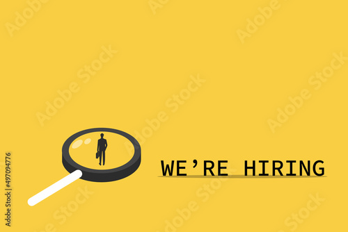 Recruitment vector with magnifying glass and businessman on yellow background. Business symbol for hiring. Eps10 vector illustration.