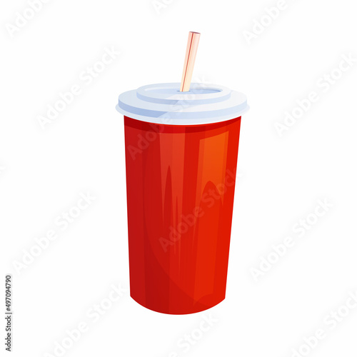 Red paper cup for soda, juice or soft drinks. Fast food. Cartoon vector illustration.