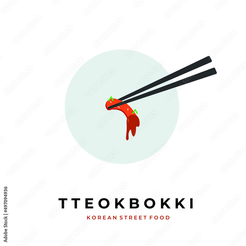 Korean Street Food Illustration Logo Tteokbokki Holding With Chopsticks
