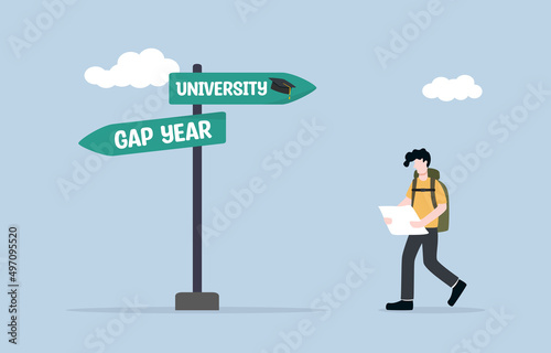 Gap year, learning life, and searching motivation to achieve goal concept. High school graduate carrying backpack and meeting life choice road signs to find which way to go.
 photo