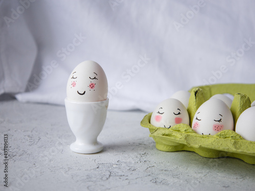 Funny Easter eggs with faces. Cute. Painted eggs. Kids art. Handmade and craft. Eggs with emotions 