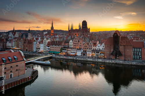 Aerial view of the beautiful Gdansk city at sunset, Poland