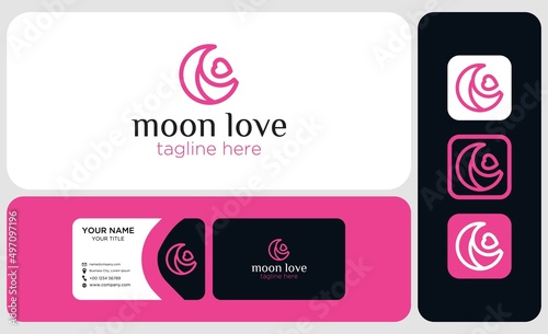 Package logo design and business card. Moon logo and heart outline vector icon