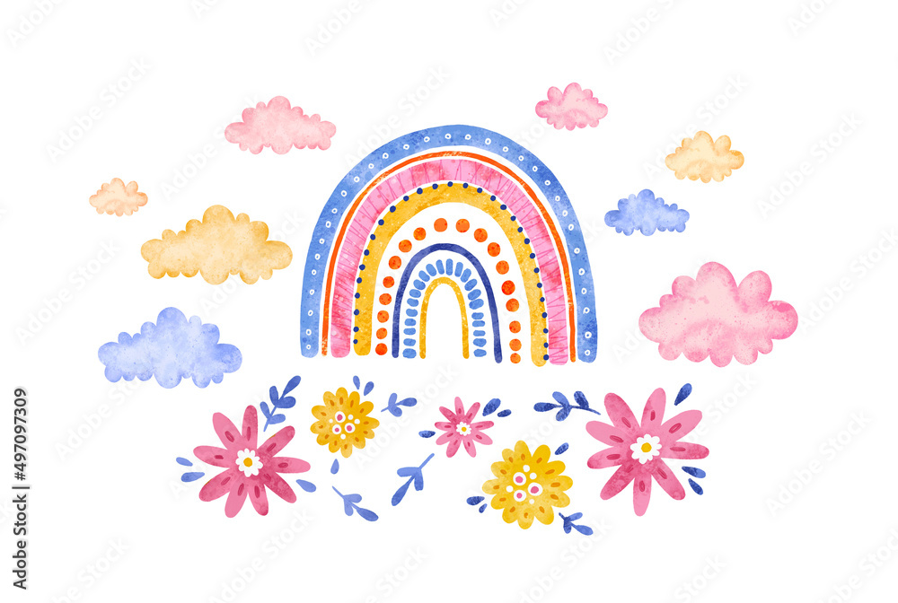 Watercolor rainbow with clouds and simple flowers. Cute pastel abstract ...