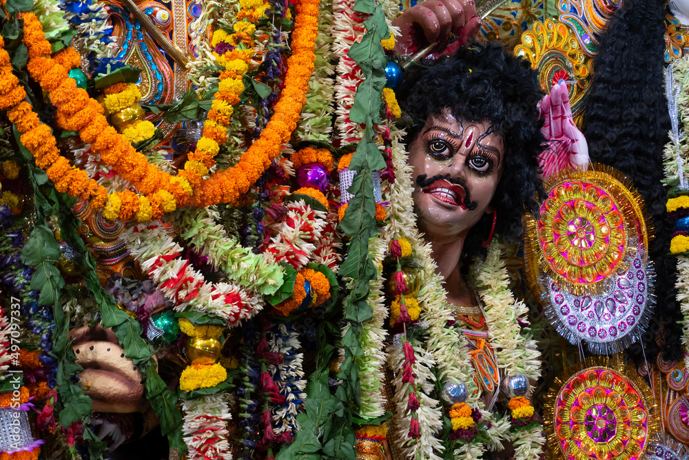 Fototapeta premium Kolkata, India - October 17, 2018 : The cruel face of Asura idol, the demon, who was killed by Goddess Durga. Durga Puja is biggest religious festival of Hinduism, celebrated all over the world.