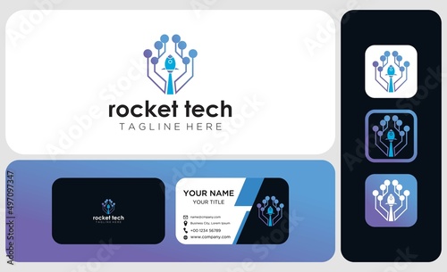 Package logo design and business card. rocket technology logo vector, symbol icon of software technology digital